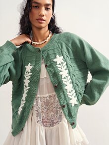 Bohemela Women's Applique Raglan Long Sleeve Casual Knit Cardigan - Green - View 4