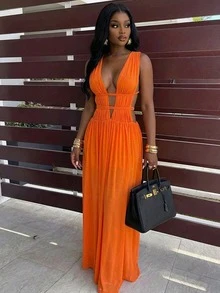 BamGleam V-Neck Sleeveless Hollow Out Ruched Dress, Orange Beach Holiday Vacation Flowing Dress, Flattering Fit - Orange - View 6