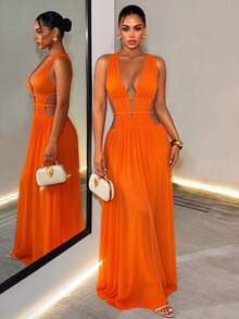 BamGleam V-Neck Sleeveless Hollow Out Ruched Dress, Orange Beach Holiday Vacation Flowing Dress, Flattering Fit - Orange - View 2