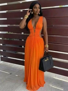 BamGleam V-Neck Sleeveless Hollow Out Ruched Dress, Orange Beach Holiday Vacation Flowing Dress, Flattering Fit - Orange - View 5