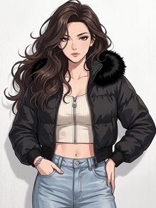 DAZY 女款連帽毛領拼接短版修身街頭休閒鋪棉外套 秋季夾克 - 黑色 - 查看 3