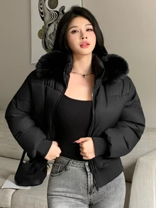 DAZY 女款連帽毛領拼接短版修身街頭休閒鋪棉外套 秋季夾克 - 黑色 - 查看 4