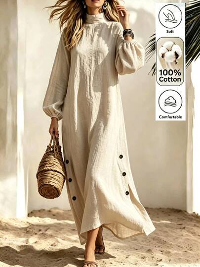 LUMIGAL Button-Front Elegant Stand Collar Solid Color Three-Quarter Sleeve Midi Shirt Dress For Women