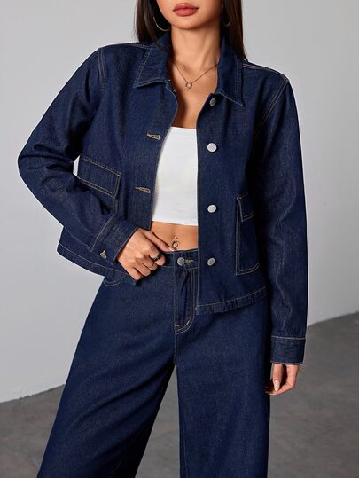 SHEIN Kids Tween Girl Fashion Casual Y2k Dark Denim Button-Down Long-Sleeved Short Jacket For Black To School