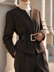 Balvessa Women's Brown Round Neck Black Belt Waist Short Wool Blend Versatile Jacket - Mocha Brown - View 5