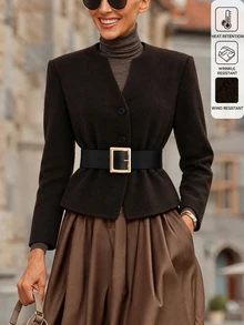 Balvessa Women's Brown Round Neck Black Belt Waist Short Wool Blend Versatile Jacket - Mocha Brown - View 1
