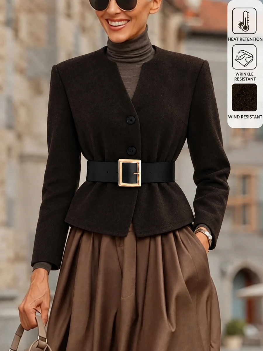Balvessa Women's Brown Round Neck Black Belt Waist Short Wool Blend Versatile Jacket - Mocha Brown - View 1