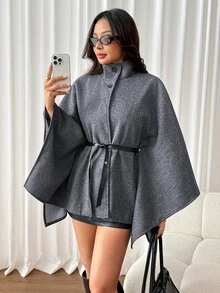 SHEIN PETITE 時尚灰色高領羊毛混紡大衣，適合小個女款，通勤與休閒穿著皆宜 - 灰色 - 查看 6