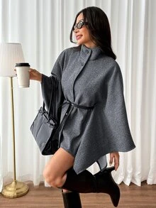 SHEIN PETITE 時尚灰色高領羊毛混紡大衣，適合小個女款，通勤與休閒穿著皆宜 - 灰色 - 查看 8