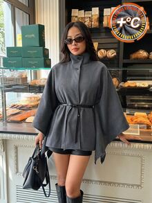 SHEIN PETITE 時尚灰色高領羊毛混紡大衣，適合小個女款，通勤與休閒穿著皆宜 - 灰色 - 查看 1