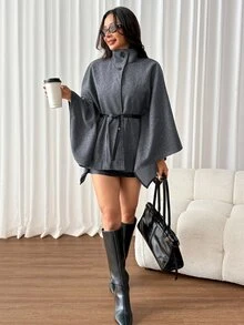 SHEIN PETITE 時尚灰色高領羊毛混紡大衣，適合小個女款，通勤與休閒穿著皆宜 - 灰色 - 查看 9