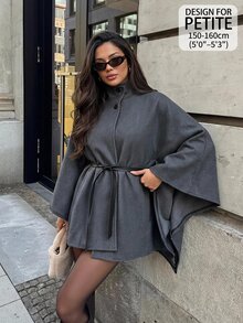 SHEIN PETITE 時尚灰色高領羊毛混紡大衣，適合小個女款，通勤與休閒穿著皆宜 - 灰色 - 查看 10