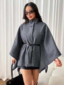 SHEIN PETITE 時尚灰色高領羊毛混紡大衣，適合小個女款，通勤與休閒穿著皆宜 - 灰色 - 查看 7