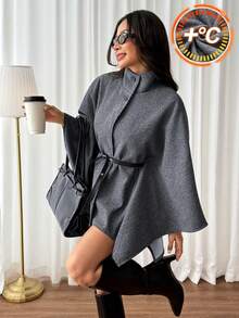 SHEIN PETITE 時尚灰色高領羊毛混紡大衣，適合小個女款，通勤與休閒穿著皆宜 - 灰色 - 查看 12