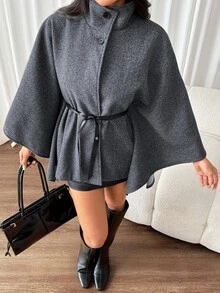 SHEIN PETITE 時尚灰色高領羊毛混紡大衣，適合小個女款，通勤與休閒穿著皆宜 - 灰色 - 查看 11
