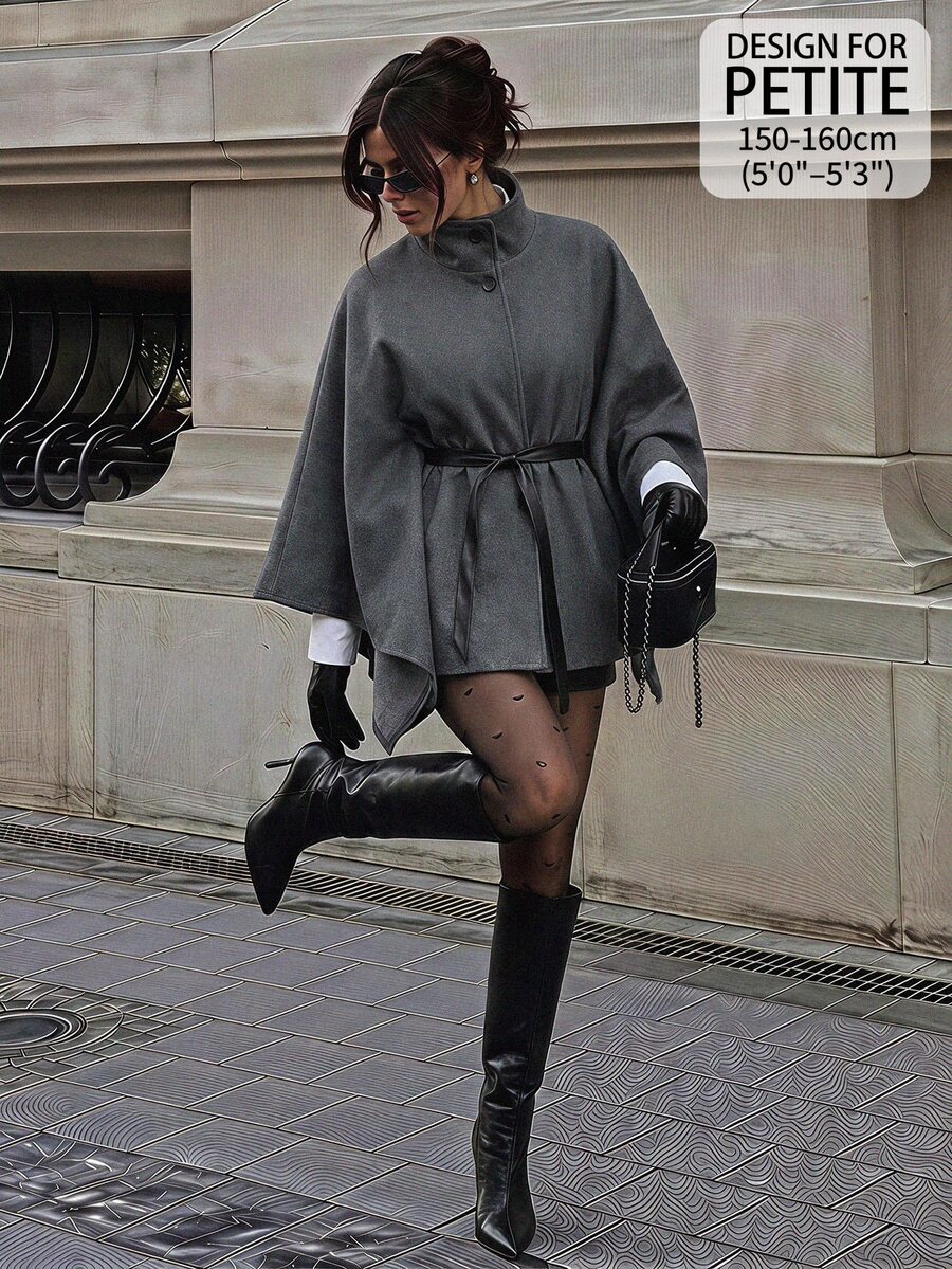SHEIN PETITE معطف رمادي أنيق بياقة عالية من مزيج الصوف للنساء الصغيرات - مناسب للتنقل والارتداء اليومي. - رمادي - مشاهدة 1