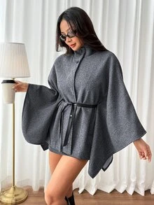 SHEIN PETITE 時尚灰色高領羊毛混紡大衣，適合小個女款，通勤與休閒穿著皆宜 - 灰色 - 查看 3