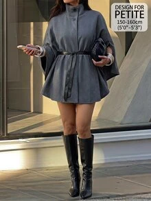 SHEIN PETITE 時尚灰色高領羊毛混紡大衣，適合小個女款，通勤與休閒穿著皆宜 - 灰色 - 查看 5