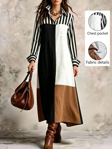SHEIN Casual Commute Minimalist Women's Long Sleeve Multicolor Long Dress, Autumn/Winter Style, Suitable For Brunch, Work And Outings Western Wear For Women - Multicolor - View 14