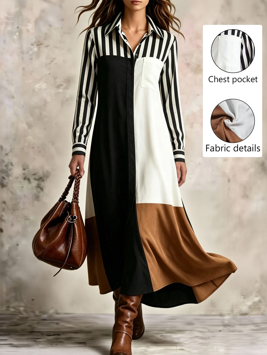 SHEIN Casual Commute Minimalist Women's Long Sleeve Multicolor Long Dress, Autumn/Winter Style, Suitable For Brunch, Work And Outings Western Wear For Women