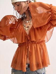 Bohemela ملابس علوية نسائية بلون موحد مع تصميم رقعات وكشكشة وربطة أمامية، موضة للخريف، مثالية للعطلات والخروجات والارتداء اليومي - لون برتقالي - مشاهدة 6