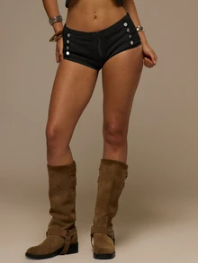 MUSERA Women DeniLow Rise Military Detail Washed Denim Fitted Mini Shorts Hotpants Spring Summer Festival Vacation Ibiza Holiday Rave Sexy Y2k Utility Siren - Black - View 3