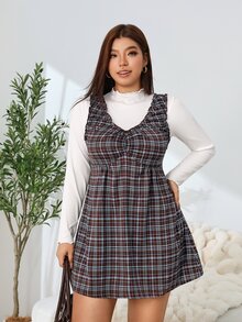 Solflare Plus Size Women's Plaid Frill Trim Pleated Casual Sleeveless Dress - Multicolor - View 6