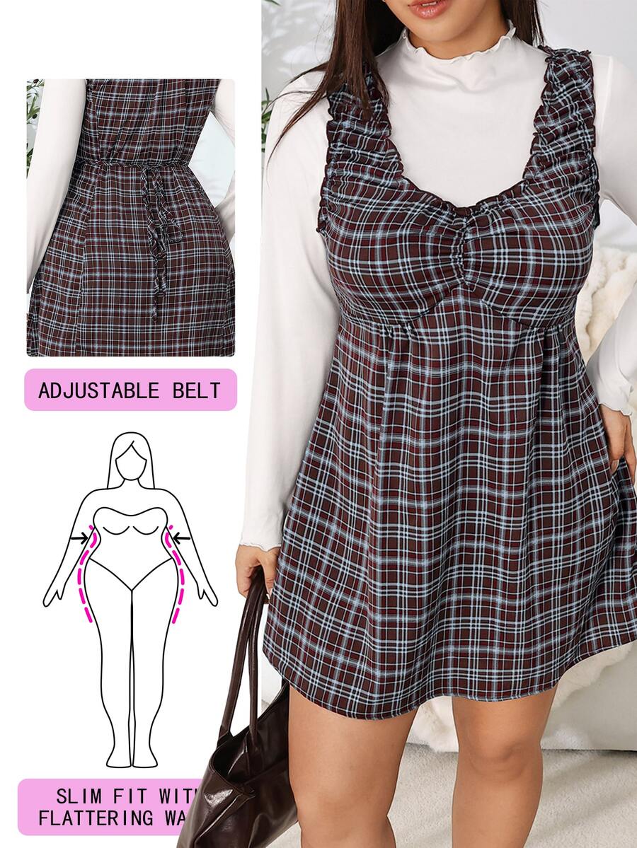Solflare Plus Size Women's Plaid Frill Trim Pleated Casual Sleeveless Dress