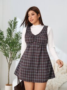 Solflare Plus Size Women's Plaid Frill Trim Pleated Casual Sleeveless Dress - Multicolor - View 7