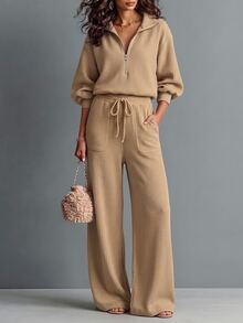LUMIGAL Fall Clothes FOR WomenWomen's Knitted Casual Long-Sleeved Autumn Pullover Pants Set - Khaki - View 1