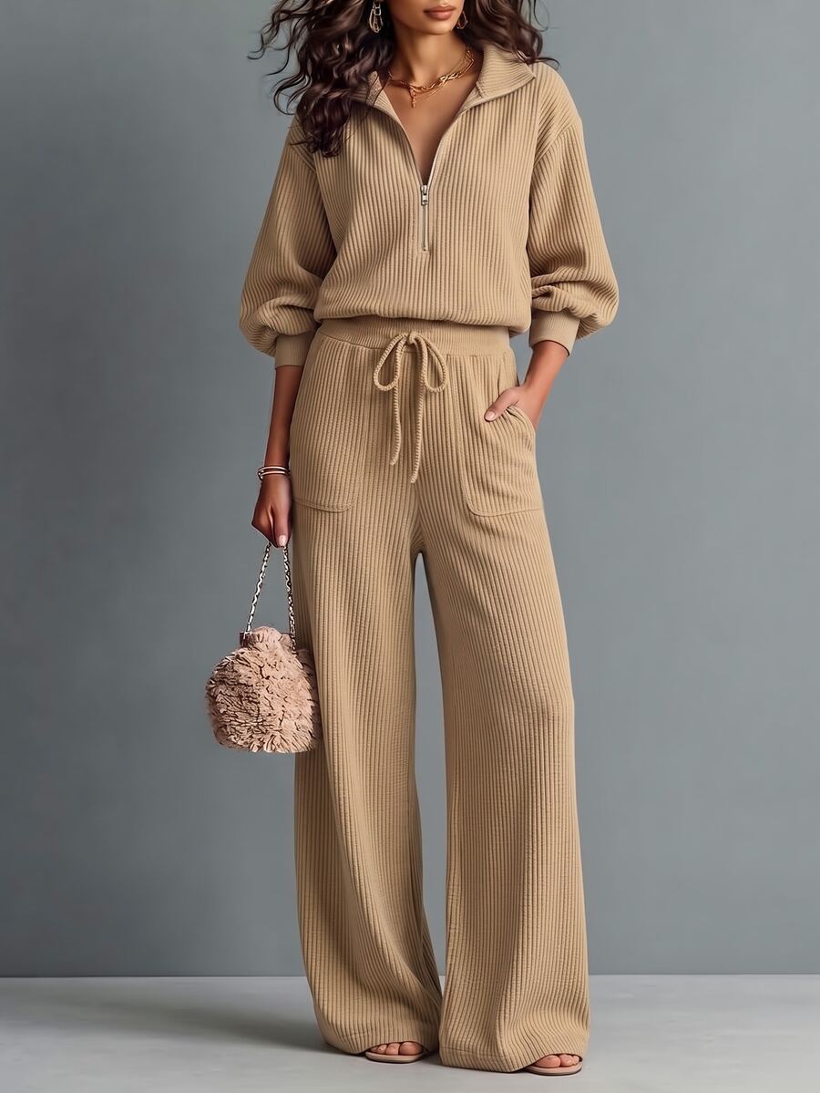 LUMIGAL Fall Clothes FOR WomenWomen's Knitted Casual Long-Sleeved Autumn Pullover Pants Set - Khaki - View 1