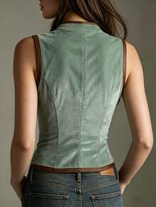 Glimmora Women's Fashion Suede Patchwork Knitted Top Brunch Tea Party Brown Autumn Vintage Elegant - Green - View 2
