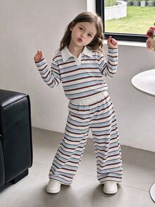 SHEIN Genkimix Kids 2件組女童秋冬長袖套裝 時尚百搭休閒慵懶風 條紋翻領針織上衣搭配休閒長褲套裝 - 藍色 - 查看 1