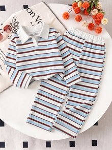 SHEIN Genkimix Kids 2件組女童秋冬長袖套裝 時尚百搭休閒慵懶風 條紋翻領針織上衣搭配休閒長褲套裝 - 藍色 - 查看 3