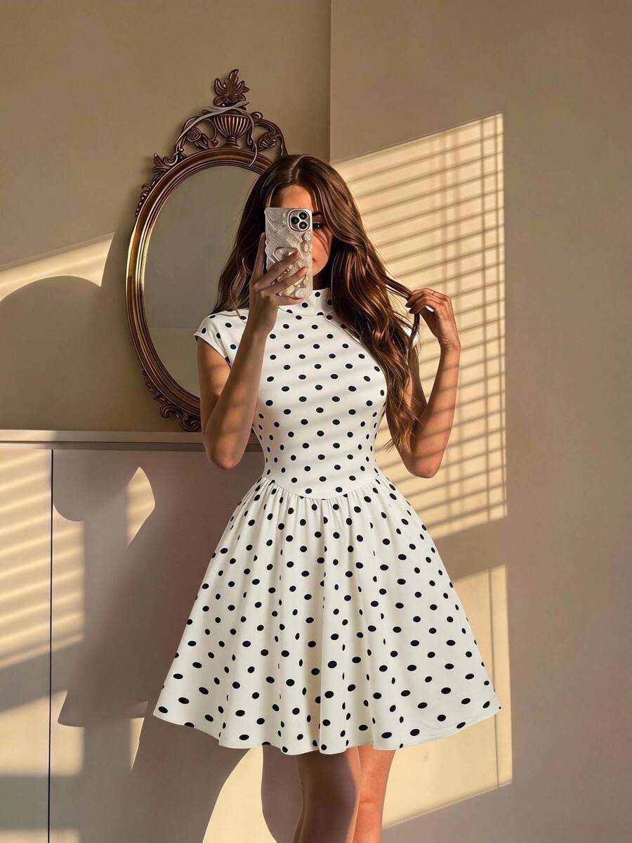 SHEIN MOD Women's Polka Dot High Neck Knit Dress - Black and White - View 1