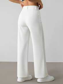 SHEIN PETITE Women's Fashionable Versatile Solid Color Straight Leg Pants For Commuting ,Petite Women - White - View 2
