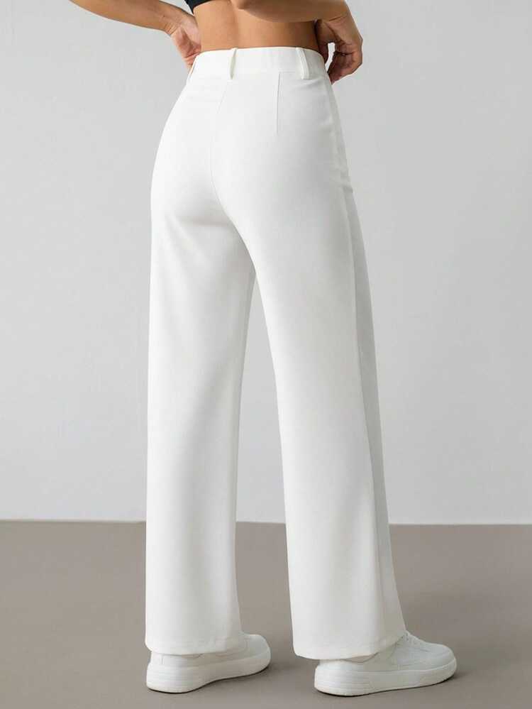 SHEIN PETITE Women's Fashionable Versatile Solid Color Straight Leg Pants For Commuting ,Petite Women - White - View 2