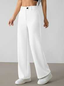 SHEIN PETITE Women's Fashionable Versatile Solid Color Straight Leg Pants For Commuting ,Petite Women - White - View 5