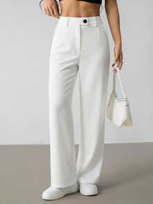 SHEIN PETITE Women's Fashionable Versatile Solid Color Straight Leg Pants For Commuting ,Petite Women - White - View 1