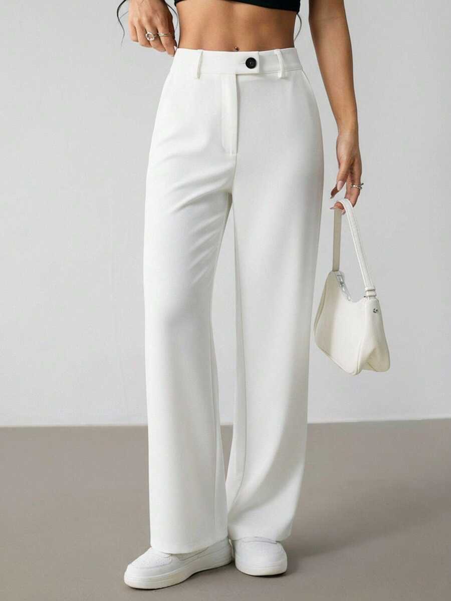 SHEIN PETITE Women's Fashionable Versatile Solid Color Straight Leg Pants For Commuting ,Petite Women - White - View 1