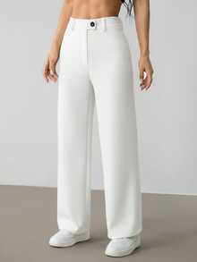 SHEIN PETITE Women's Fashionable Versatile Solid Color Straight Leg Pants For Commuting ,Petite Women - White - View 6