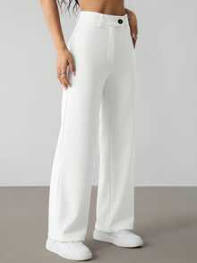 SHEIN PETITE Women's Fashionable Versatile Solid Color Straight Leg Pants For Commuting ,Petite Women - White - View 3