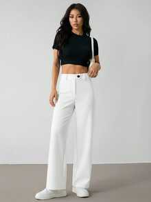 SHEIN PETITE Women's Fashionable Versatile Solid Color Straight Leg Pants For Commuting ,Petite Women - White - View 4