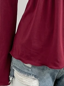 SHEIN Elladie kids 青少年女孩蝴蝶結裝飾抓皺V領喇叭袖上衣 Coquette風格秋冬T恤 - 酒紅色 - 查看 6