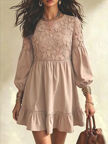 LanaWest Women's Early Autumn Hollow Lace A-Line Ruffle Hem Dress Country Music - Khaki - View 4