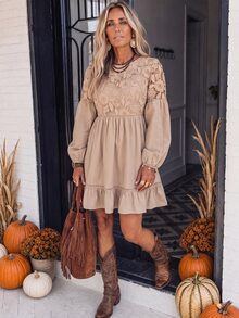 LanaWest Women's Early Autumn Hollow Lace A-Line Ruffle Hem Dress Country Music - Khaki - View 1