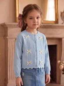 SHEIN 4-7 Years Old Girls Light Pink Twisted Rope 3D Light Yellow Bow Round Neck Knitted Cardigan Sweater Children Wavy Hem Single-Breasted Long Sleeve Jacket Kindergarten Daily Outing Photo Spring Autumn Outerwear - Blue - View 9