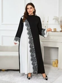 Al Najma Casual Minimalist Colorblock Lace Trim Stand Collar Long Sleeve Loose Regular Fit Plus Size Women's Arabian Dress Spring Autumn - Multicolor - View 4