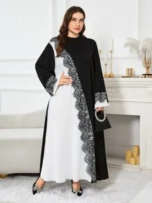 Al Najma Casual Minimalist Colorblock Lace Trim Stand Collar Long Sleeve Loose Regular Fit Plus Size Women's Arabian Dress Spring Autumn - Multicolor - View 7