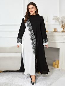 Al Najma Casual Minimalist Colorblock Lace Trim Stand Collar Long Sleeve Loose Regular Fit Plus Size Women's Arabian Dress Spring Autumn - Multicolor - View 5
